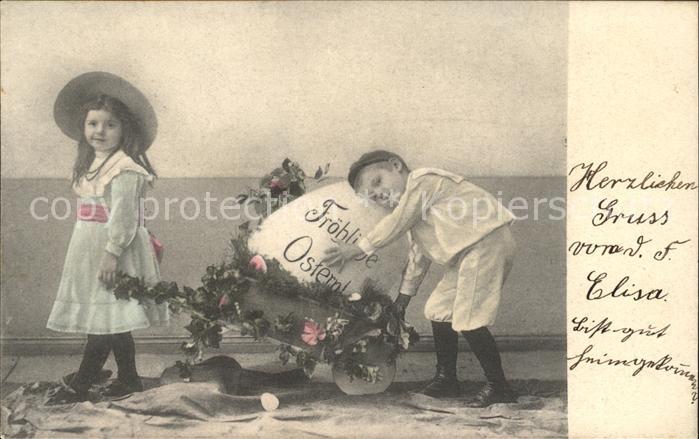 Kinder Child Enfants Ostern Ei Schubkarre Blumen