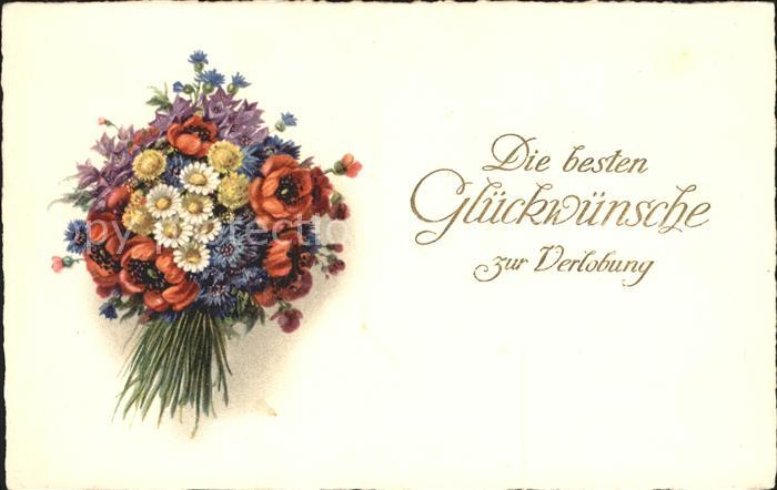 Glueckwunsch Verlobung Mohnblumen Margeriten Kornblumen Litho