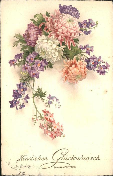 Namenstag Namenskarte Glueckwunsch Dahlien Veilchen Litho