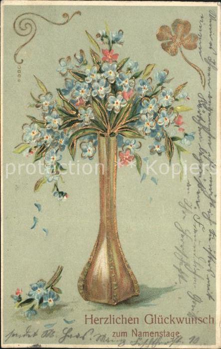 Namenstag Namenskarte Vergissmeinnicht Kleeblatt Vase Litho