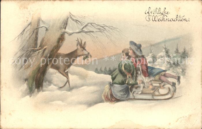 Schlitten Schnee Kinder Hirsch Weihanchten
