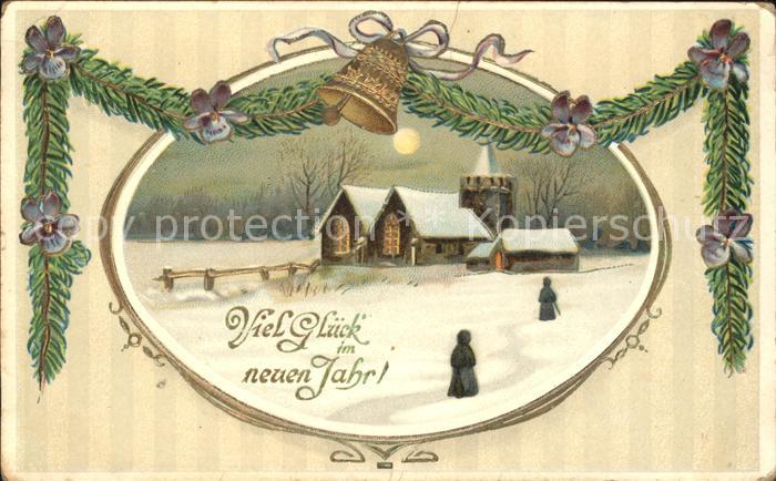 Kirchenglocke Churchbell Cloche Eglise Veilchen Neujahr Litho