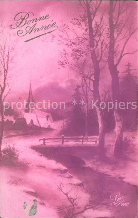 Verlag Leo Nr. 1467 Neujahr Kirche Fluss Bruecke Baeume