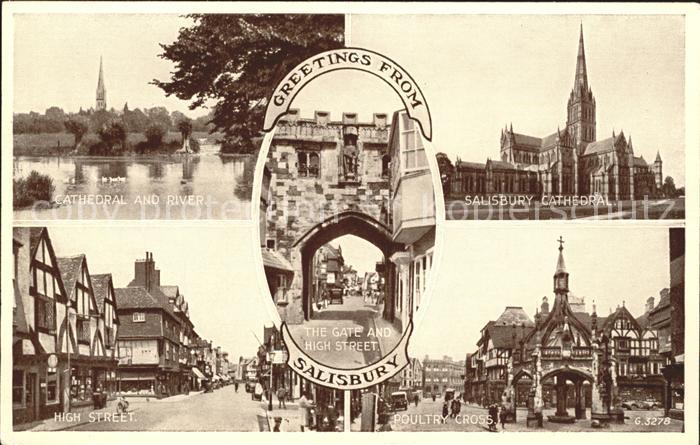 Salisbury Wiltshire Cathedral and River Gate High Street Poultry Cross Valentine