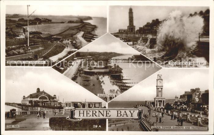 Herne Bay Panorama Rough Sea Pier Clock Tower Gardens and Promenade Bandstand Ex