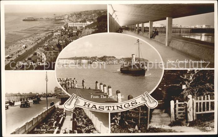 Hastings East Sussex Panorama from Castle Promenade Sunken Gardens Pier Steamer