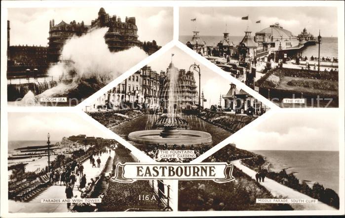 Eastbourne Sussex Rough Sea Pier Parades and Wish Tower Promenade Cliff Fountain