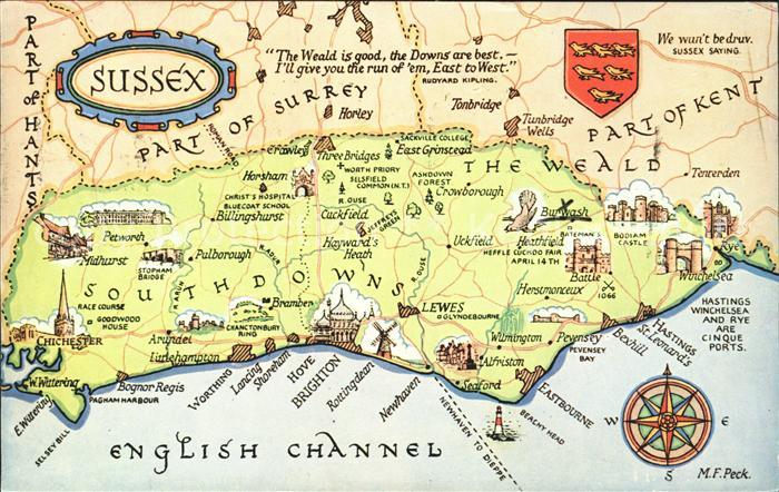 Sussex Map of Sussex English Channel Landkarte Kompass