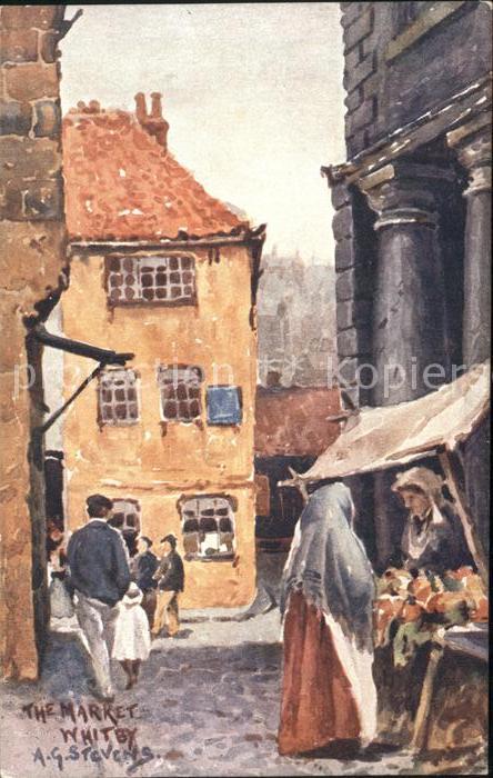 Whitby UK The Market Water Colour Drawing AG Stevens Kuenstlerkarte