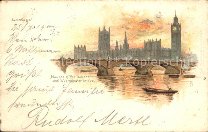 London Houses of Parliament Westminster Bridge Thames Kuenstlerkarte