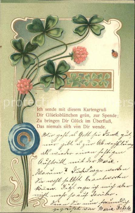 Marienkaefer Kleeblaetter Rotklee Hufeisen Gedicht Litho