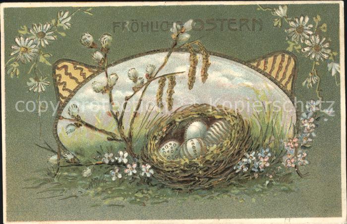 Ostern Easter Paques Weidenkaetzchen Nest Ostereier Gaensebluemchen