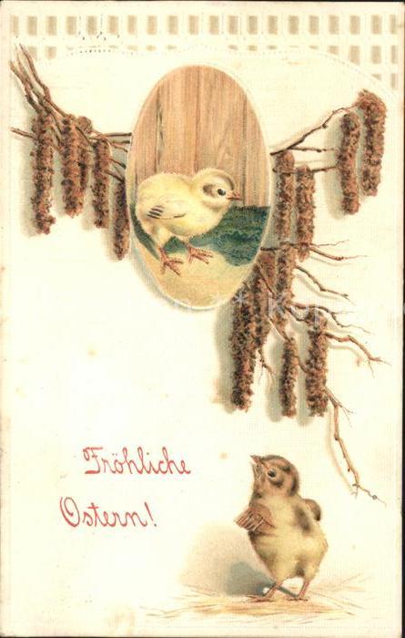 Ostern Easter Paques Kueken Weidenkaetzchen Litho