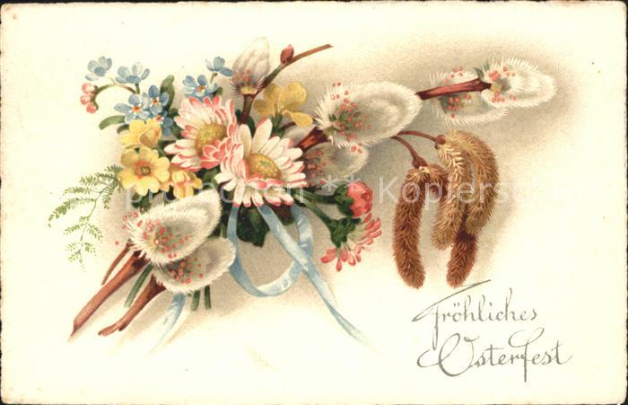 Ostern Easter Paques Gaensebluemchen Primeln Vergissmeinnicht Weidenkaetzchen Li