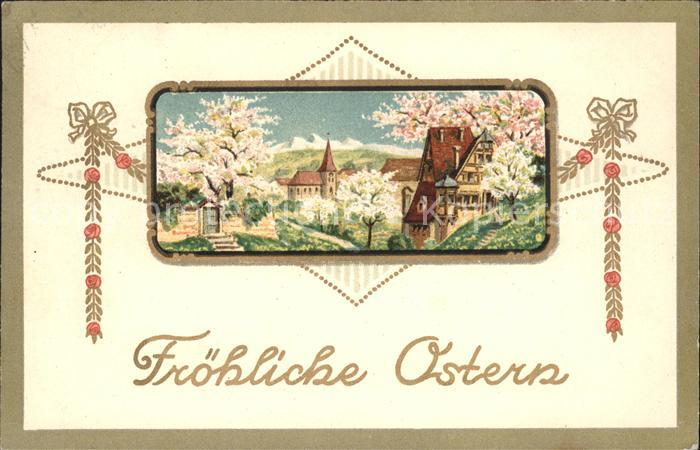 Ostern Easter Paques Kirche Baeume Blueten Litho