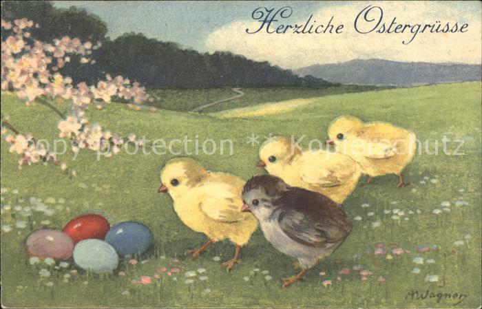 Ostern Easter Paques Kueken Ostereier Wiese Blumen A. Wagner