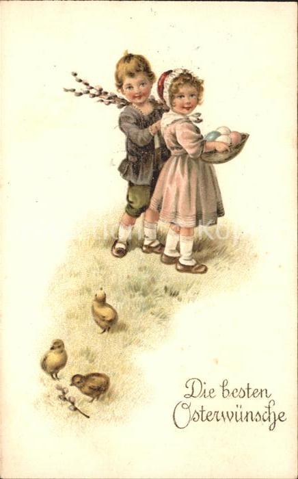 Kinder Child Enfants Ostern Kueken Weidenkaetzchen Ostereier Litho