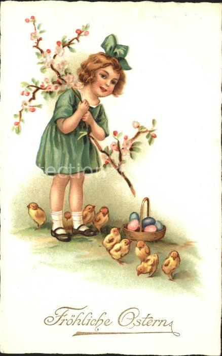 Ostern Easter Paques Kind Kueken Ostereier Blueten Litho
