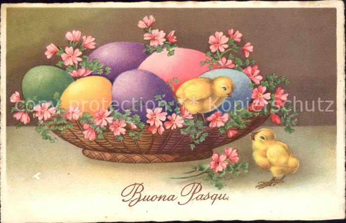 Ostern Easter Paques Küken Ostereier Mehlprimeln Litho