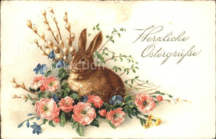 Hasen Ostern Weidenkaetzchen Leberbluemchen Schluesselblumen Litho