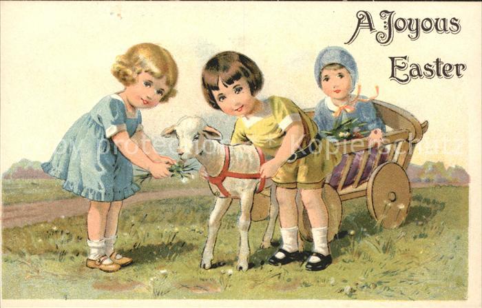 Ostern Easter Paques Kinder Lamm Wagen Litho