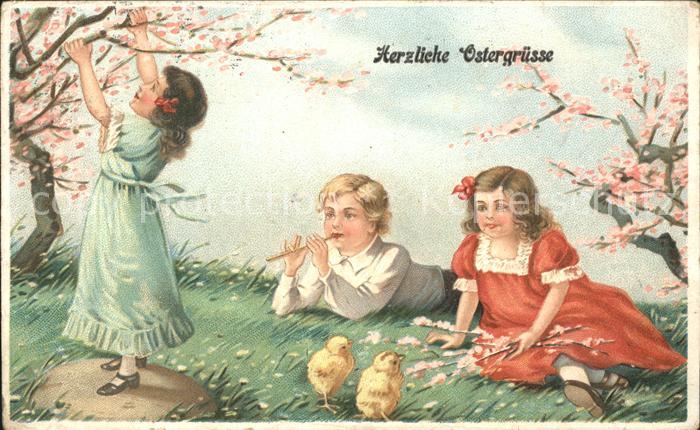Kinder Child Enfants Ostern Küken Wiese Blumen Litho