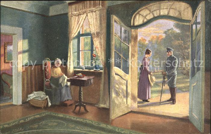 Kuenstlerkarte W. Hugo Junge Liebe Nr. 4219 Moderne Meister Soldat Handarbeit na