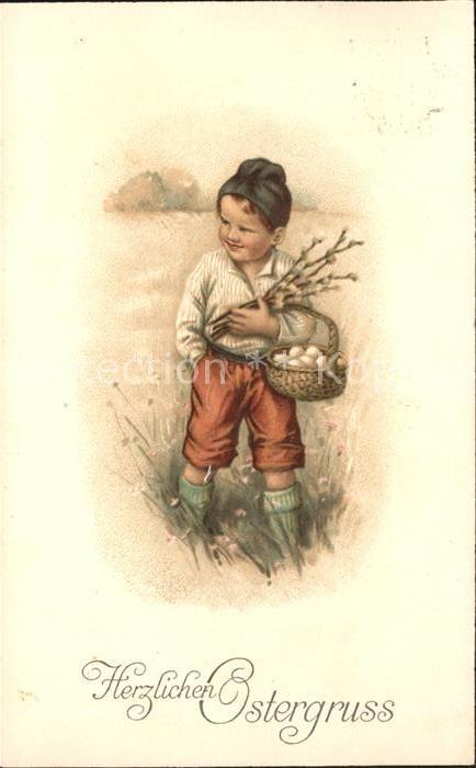 Ostern Easter Paques Kind Weidenkaetzchen Eier Litho