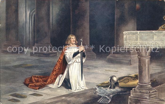 Kuenstlerkarte John Pettie The Vigil Knight S. John's Chapel armour Schwert Nr.