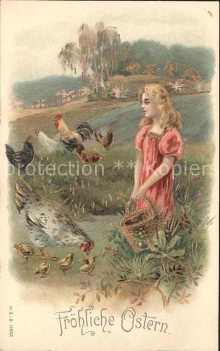 Ostern Easter Paques Kind Hahn Huehner Kueken Litho