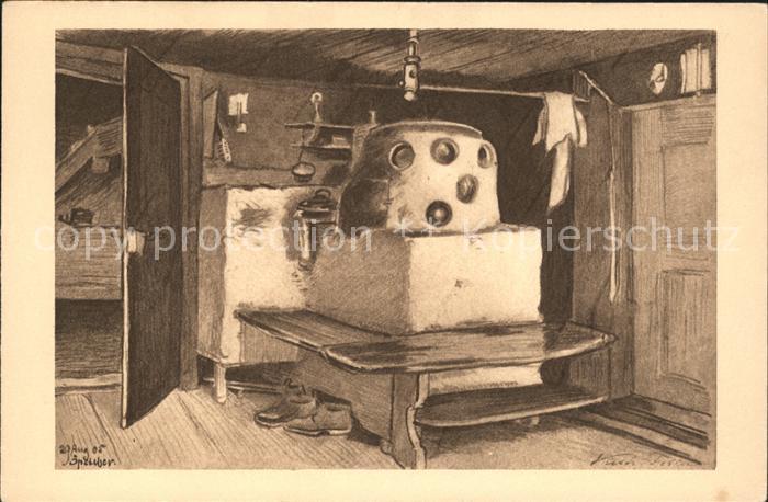 Tobler Viktor V.T. Bleistiftzeichnung Bauernstube in Speicher Nr. 571 Ofen