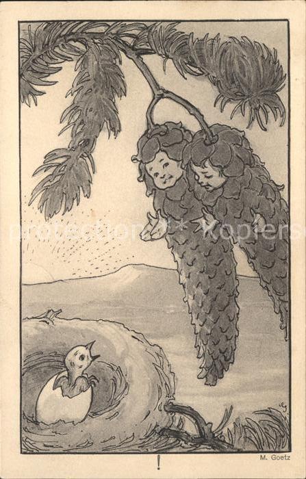 Goetz M. Nr. 153 Vogel Vogelnest Tannenzapfen vermenschlicht