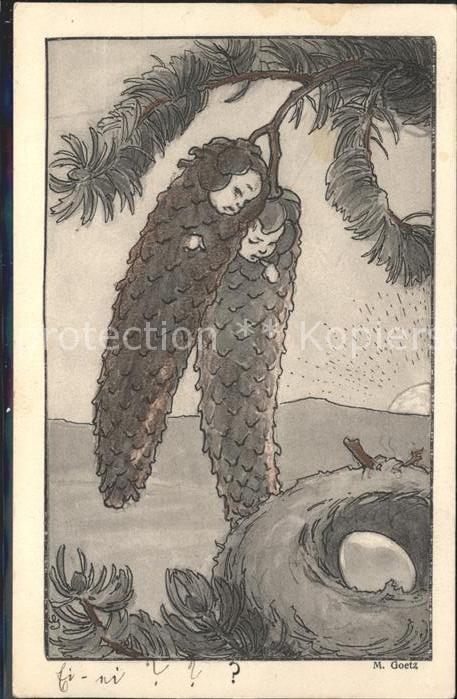 Goetz M. Nr. 152 Vogelnest Ei Tannenzapfen vermenschlicht