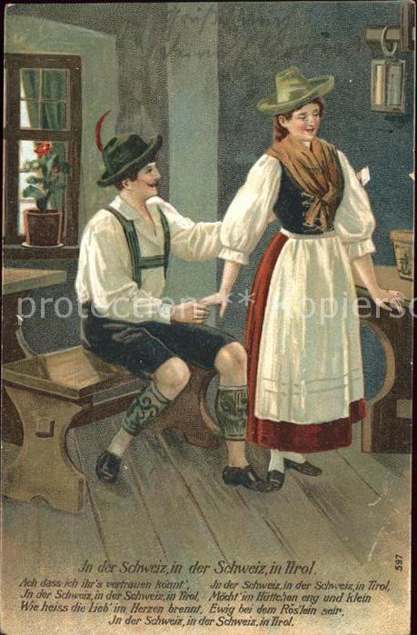 Liederkarte In der Schweiz in der Schweiz in Tirol Paar Trachten Litho