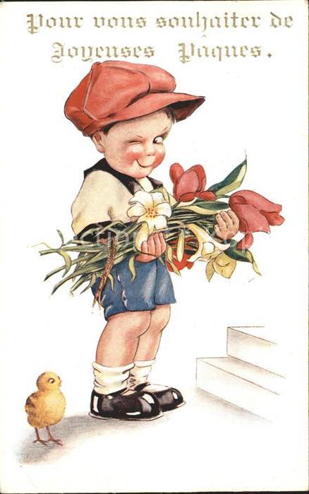 Ostern Easter Paques Kind Kueken Tulpen Narzissen