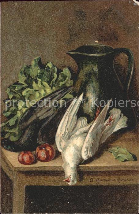 Kuenstlerkarte Gammius Boecker Tauben Krug Salat Obst