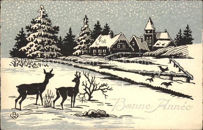 Neujahr Hirsche Schnee Kirche