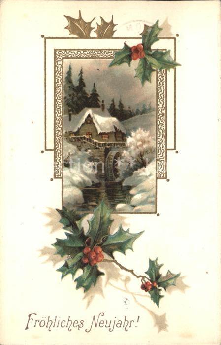 Wassermuehle Neujahr Stechpalme Litho