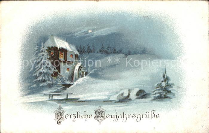Wassermuehle Neujahr Schnee Winter Litho