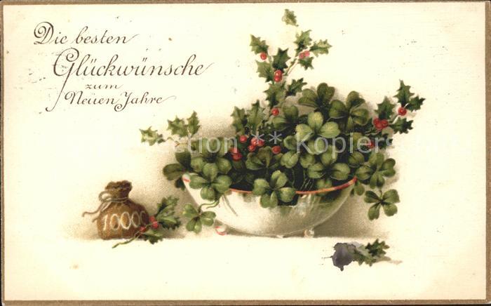 Neujahr Stechpalmen Kleeblaetter Geldsack Litho
