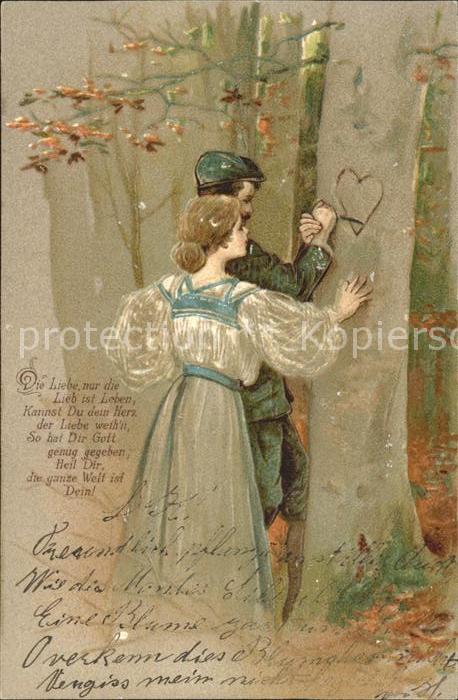 Poesie Gedicht Paar Baum ritzen Herz Litho