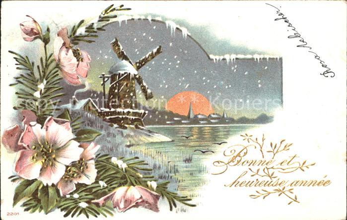 Windmuehle Neujahr Blumen Sonnenuntergang Litho