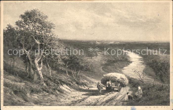 Kuenstlerkarte A. Young Photogravure Landwirtschaft Pferdekarren Heu