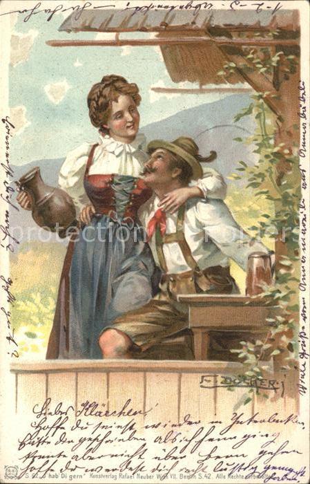 Doecker E. Paar Trachten Krug Bier Litho