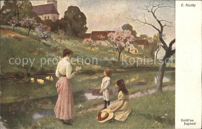 Kuenstlerkarte E. Niczky Gold ne Jugend Werbung Taffethaarbaender Basel