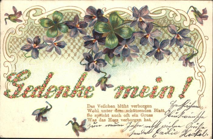 Blumengruesse Veilchen Kleeblätter Gedicht Litho
