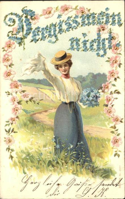 Blumengruesse Vergissmeinnicht Frau Hutmode Wiese Litho