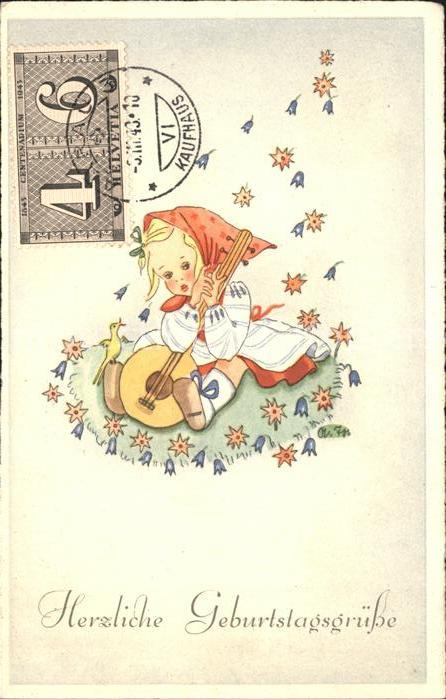 Mandoline Kind Vogel Blumen Geburtstag