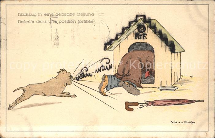 Hunde Hundehuette Rueckzug Regenschirm Kuenstlerkarte Felicien Philipp