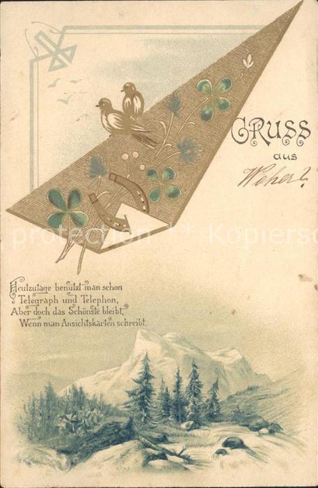 Voegel Hufeisen Kleeblaetter Gedicht Litho
